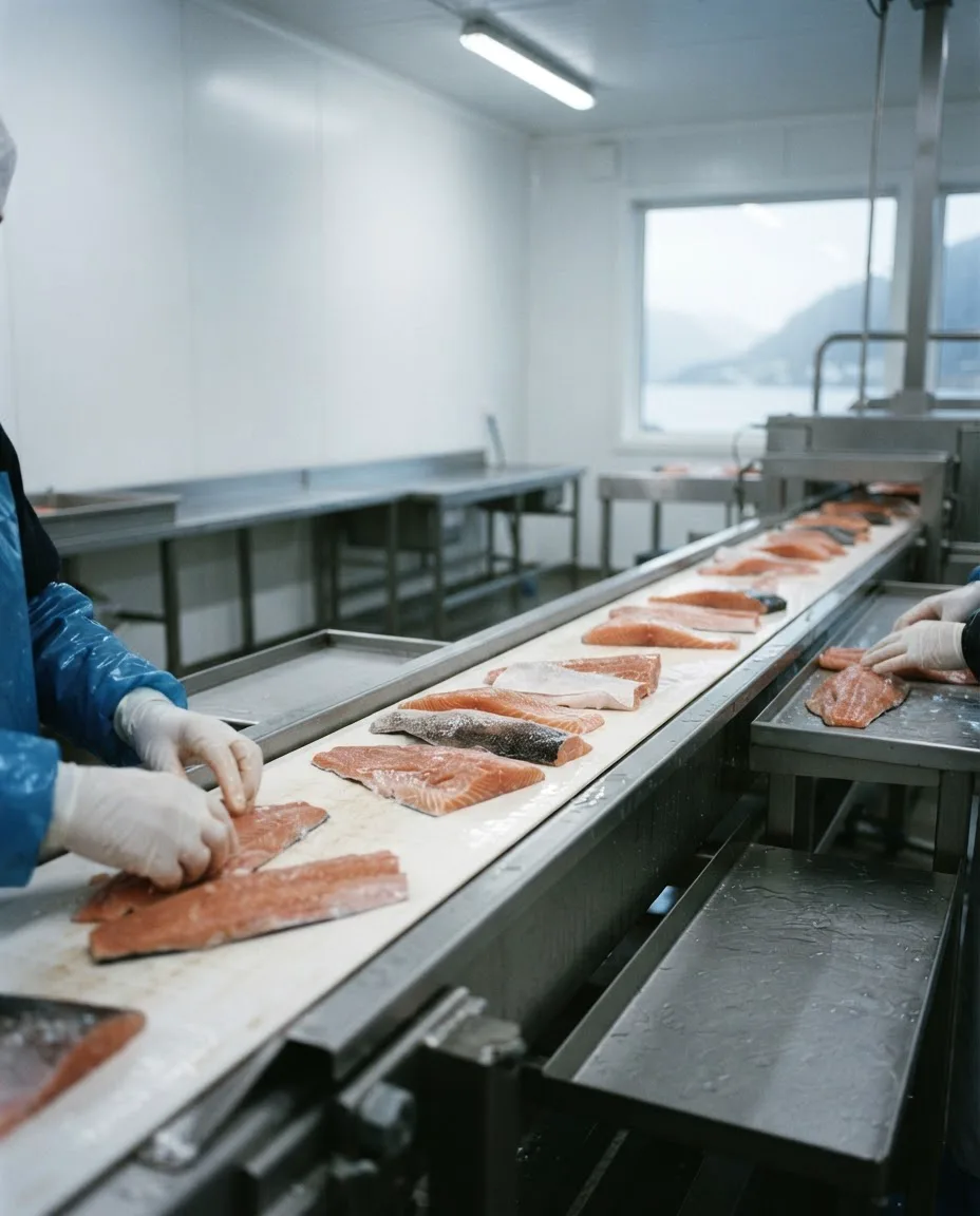 Laksefileter på et hvitt transportbånd i en fiskefabrikk