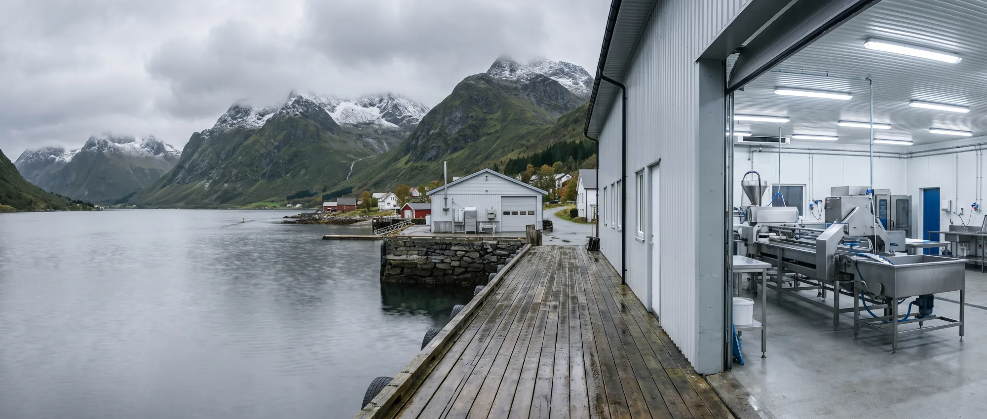 Fiskefabrikk ved kaien i en fjordbygd på Sunnmøre